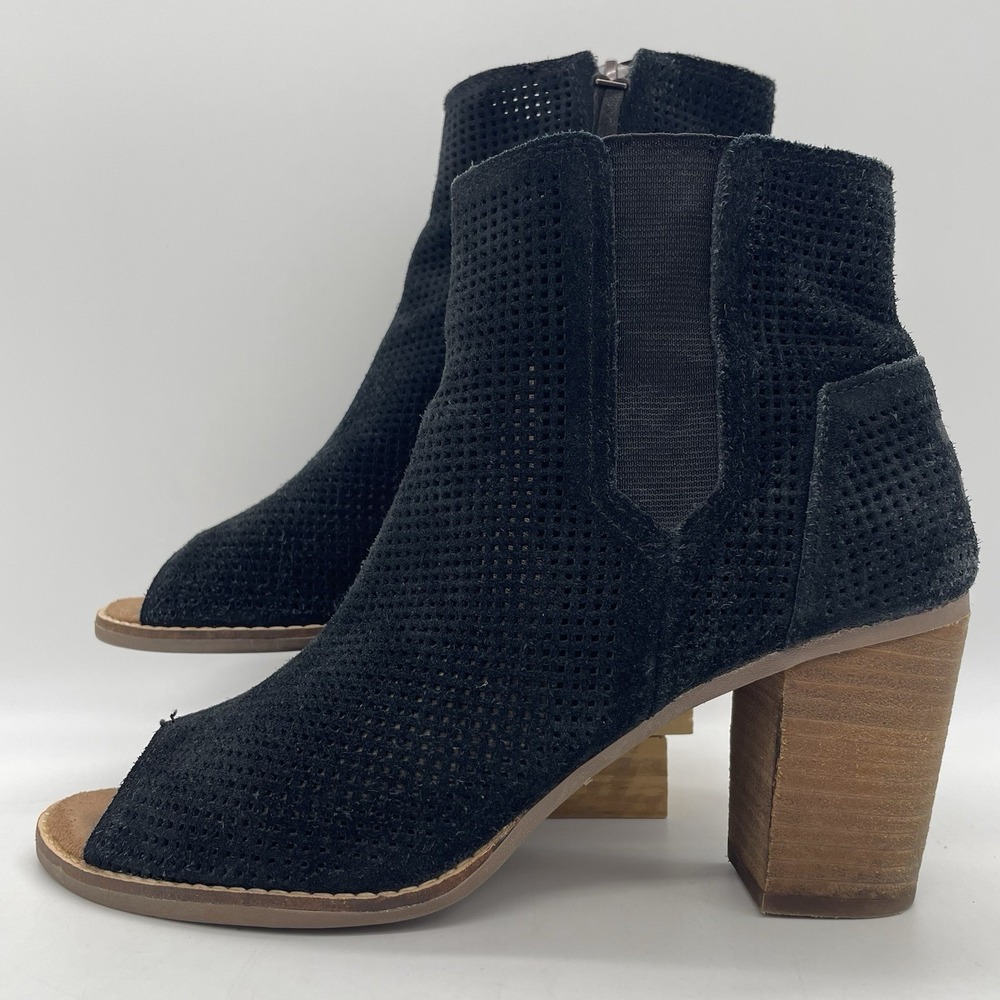 Toms Womens 9 Booties Majorca Peep Toe Perforated Black Suede Ankle Boots